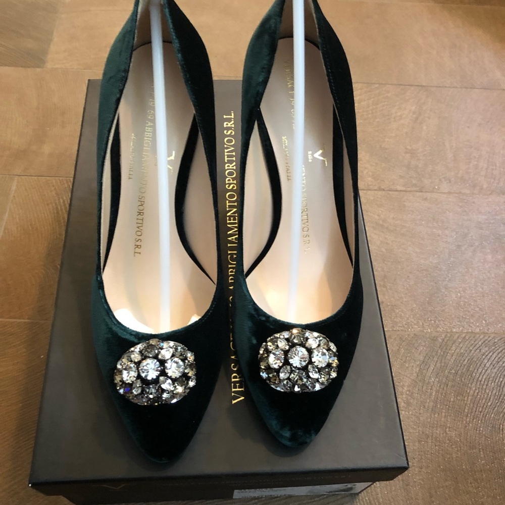 Versace Dark Green Velvet Crystal Embellished Slingback Heels
